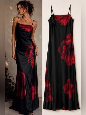 ROWA Black Red Poppy Floral Satin Maxi Dress Size Small Dark Romance Y2K Goth